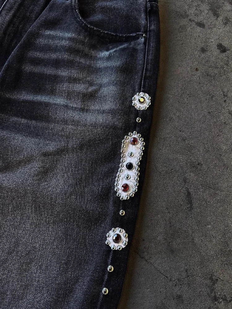 Calças de brim dos homens punk vintage streetwear preto perna larga denim calças strass pérola decoração rasgado angustiado solto ajuste y2k moda