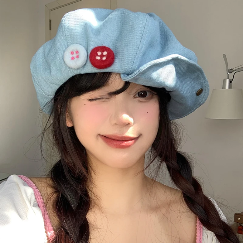 Personalized Felt Button Design Oversized Denim Berets for Women Summer Ins Korean Versatile Show Face Small Cloud Painter Hat