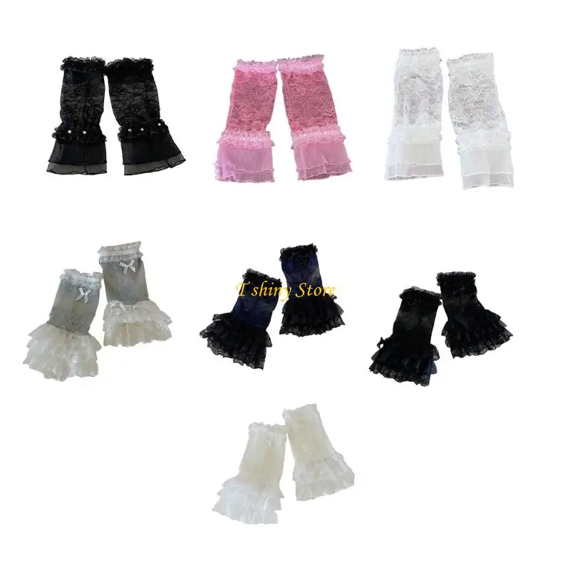 

N58F Elegant Lace Cuff Sleeves With Floral Rhinestones Trim Elastic Cuffs Arm Cover