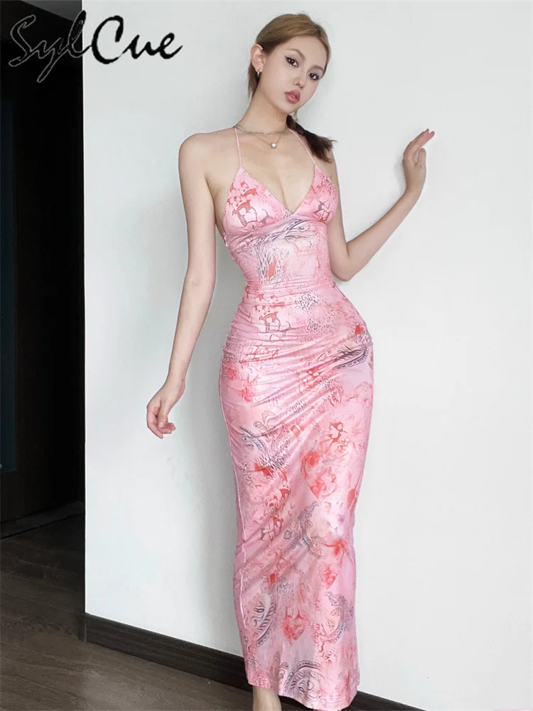 Sylcue vestido recto con estampado bordado rosa para mujer, elegante vestido Retro de noche de verano, Sexy, encanto maduro, seguro, fresco