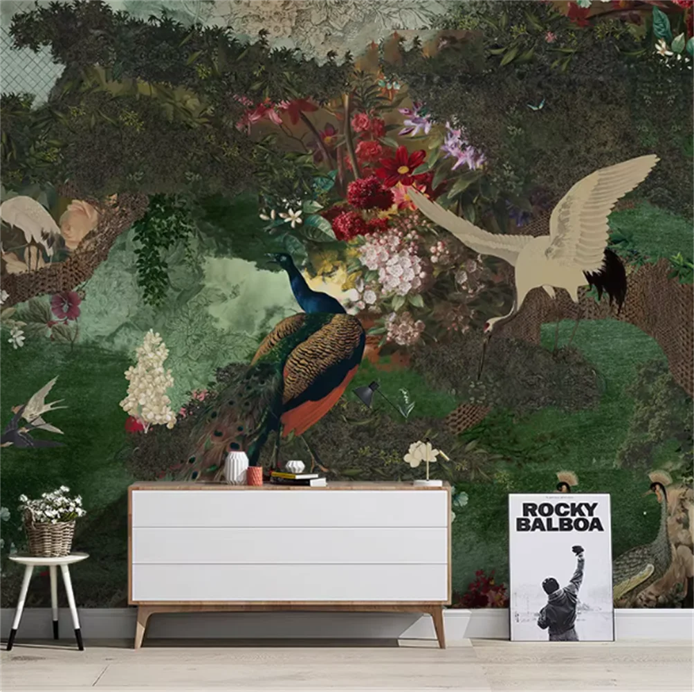 French peacock wallpaper TV background wall bedroom sofa American restaurant Southeast Asian wallpaper decoration painting