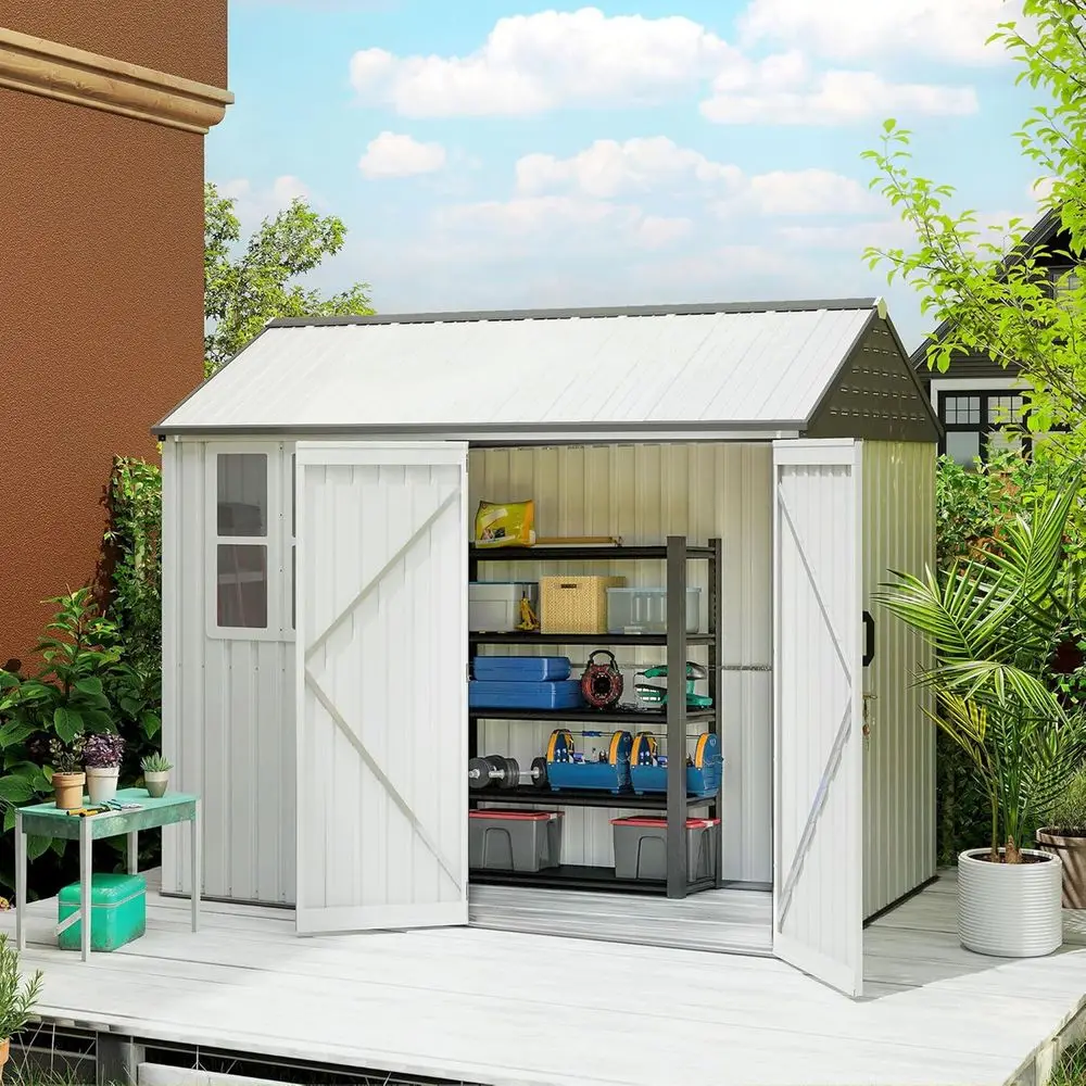 6' x 8' Metal Outdoor Shed with Window, Double Door Lock, White Storage for Garden Tools