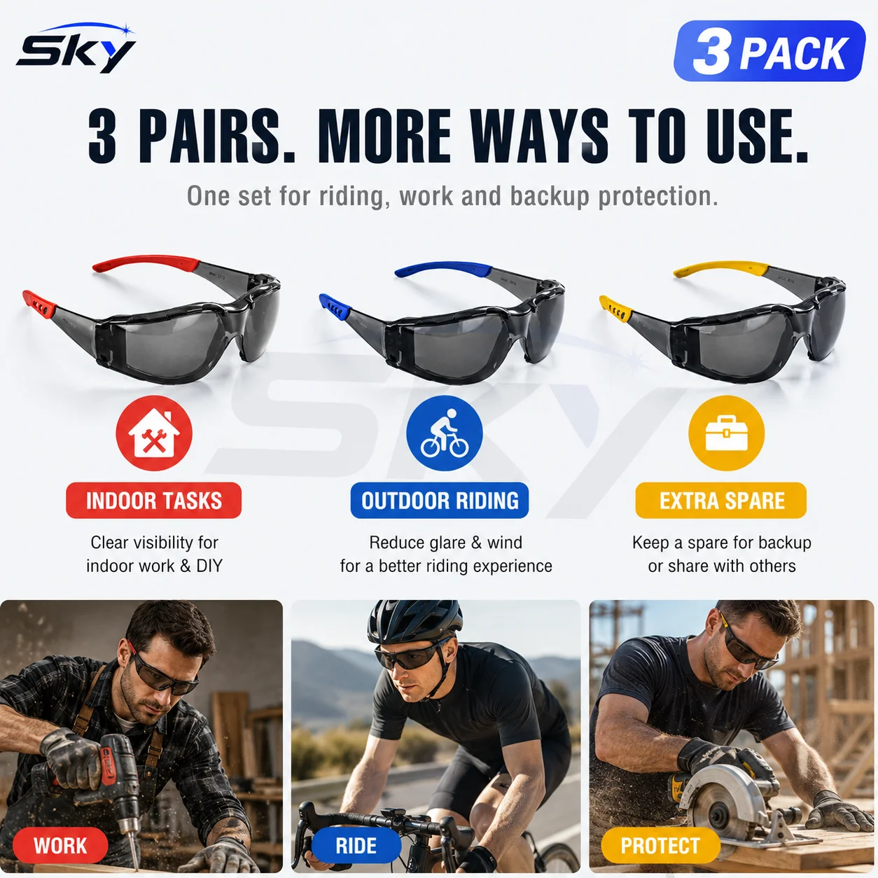 3 Pack Safety Glasses for Hunting & Outdoor Work, Smoke Lens Wraparound Protective Eyewear for Cycling, Woodworking, Construction & Yard Work