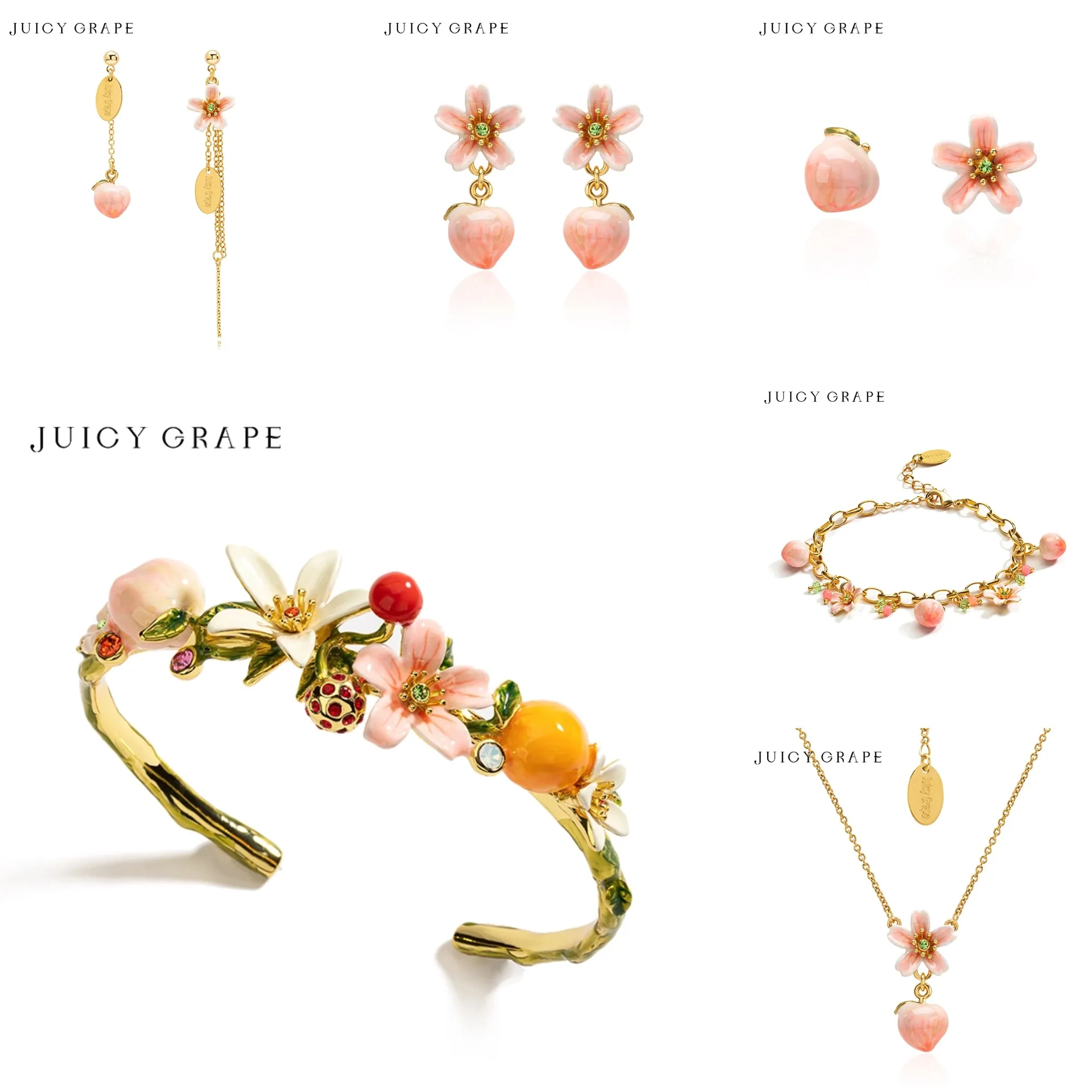 

Ювелирные изделия с эмалью Juicy Grape Peach, нежный персик, женский комплект ювелирных изделий, позолоченные серьги 18 карат, ожерелья, браслеты