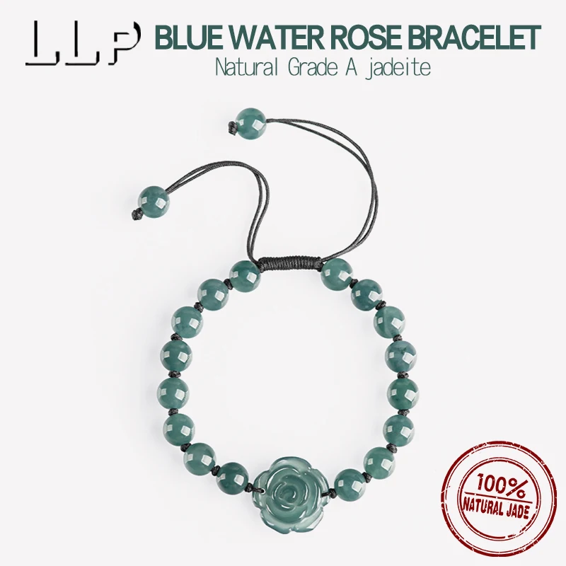 

Natural A Grade Jade Blue Water Rose Adjustable Bracelet Fashionable And Simple Girl Amulet Festival Gift