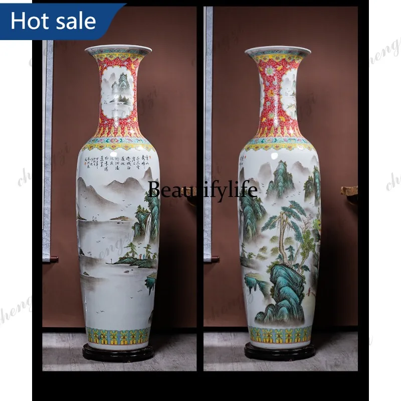 NQ52 Jingdezhen ceramic hand-painted floor-to-ceiling large vase ornament pastel antique living room company opening decoration