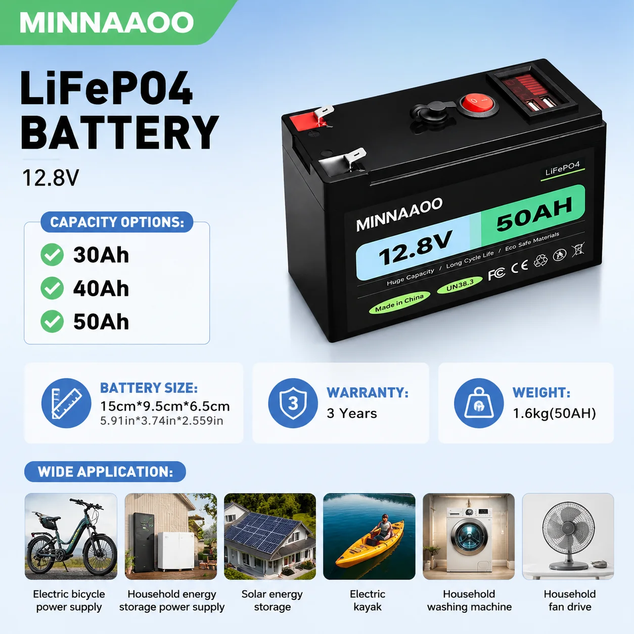 12V 50Ah LiFePO4 Battery Energy 50A BMS A+ Cells With 3-Year Warranty,UL1973,For RV, Van, Trolling Motor,Camp
