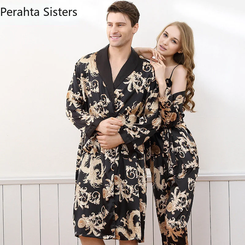 Summer Satin Men's Luxury Dragon Print Long-Sleeve Lovers Bathrobes Kimono V-Neck Silk Sexy Sleepwear Womens Robe Set