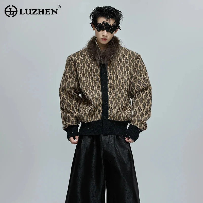 

LUZHEN Original High Quality Fur Neck Patchwork Geometric Pattern Handsome Knitted Shirts Men's Autumn Elegant Sweater JY4312
