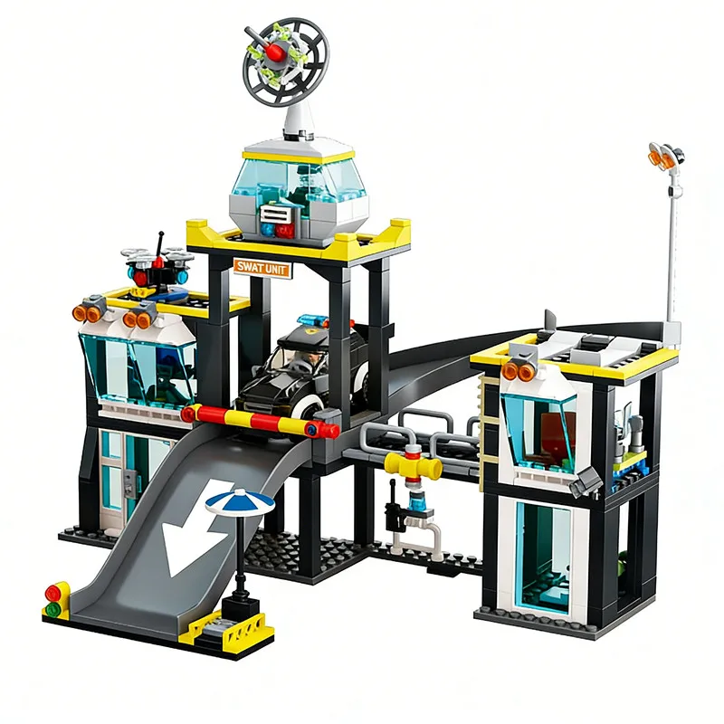 City Police Station Building Blocks Set with Helicopter & Patrol Car, Boys Construction Toy Model, Creative Play Gift
