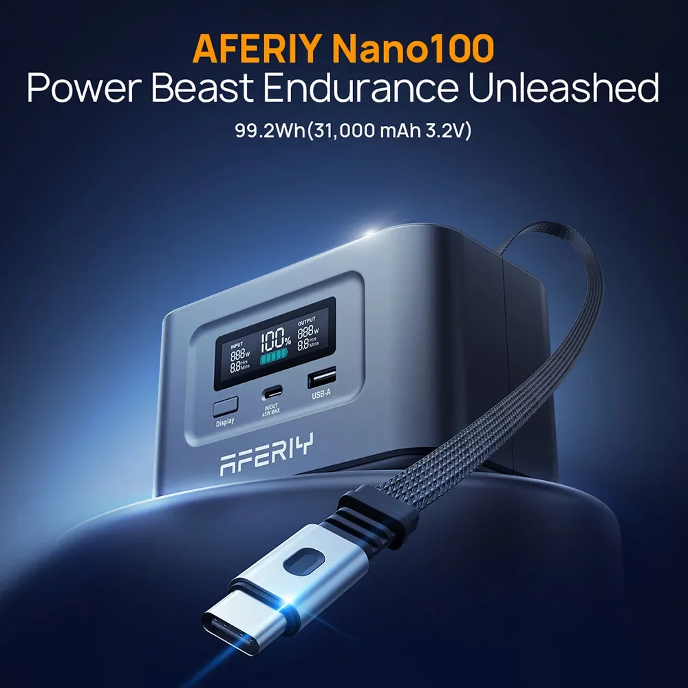 AFERIY Nano100 100 W tragbares Kraftwerk 99,2 Wh, Teleskop-Typ-C-Kabel, 1,5 Stunden Vollladung, 3000 + Zyklen LiFePO4-Akku