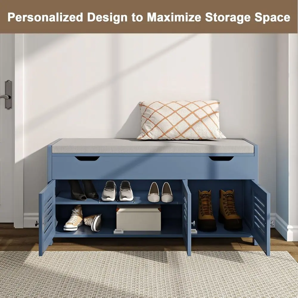 Blue Cushioned Lift-Top Shoe Storage Bench with Adjustable Shelf for Entryway, Bedroom, Living Room