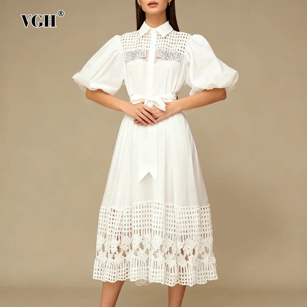 VGH elegante vestido Midi blanco de fiesta para mujer Laple media manga cintura alta Patchwork ahuecado vestidos florales ropa femenina