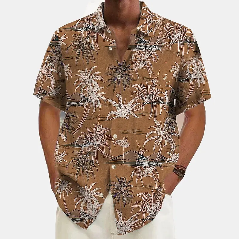 Camicia hawaiana estiva da uomo Beach camicia a maniche corte Casual kaki bianca con stampa albero di cocco Top manica corta S-5XL