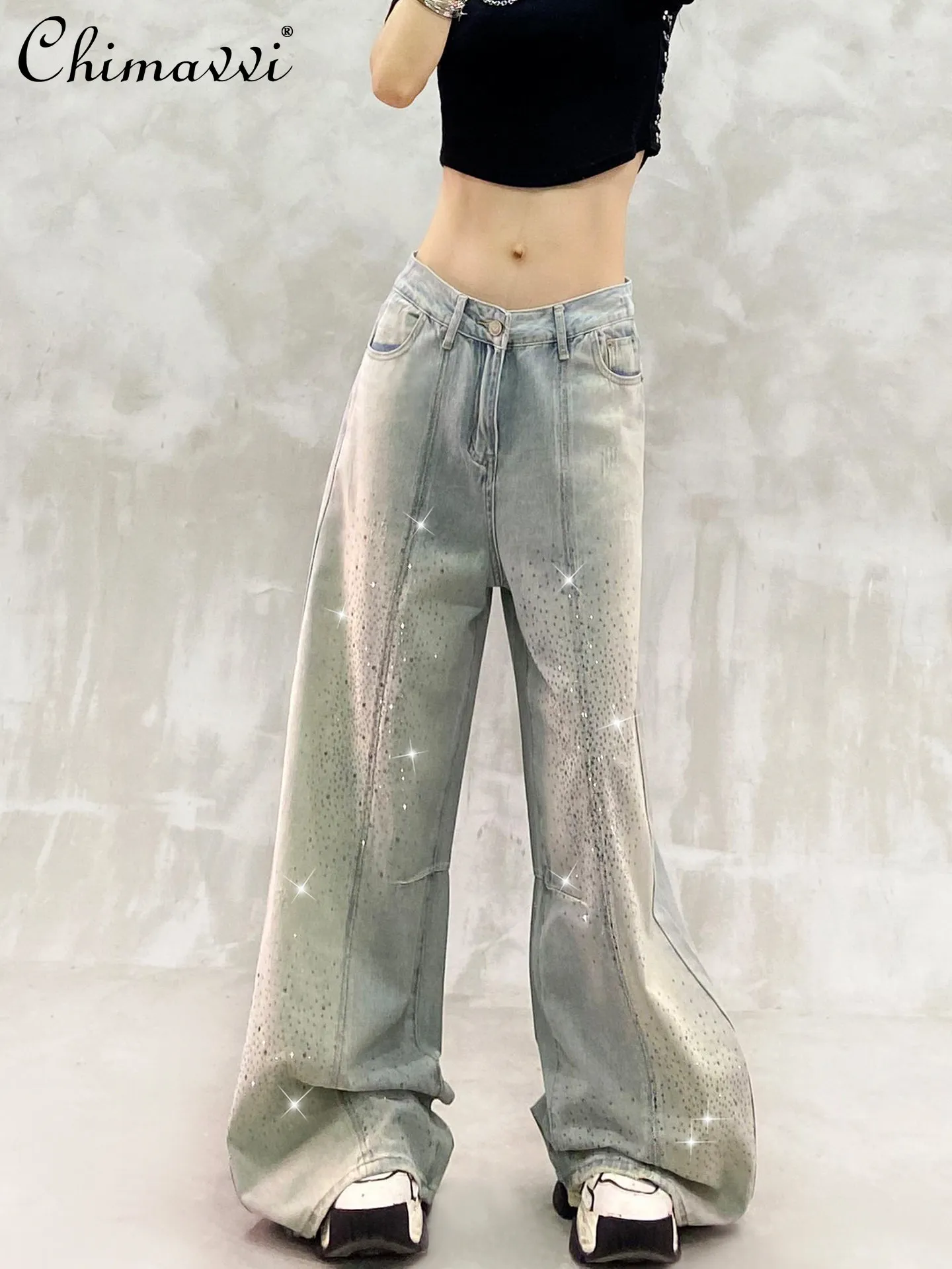 

Fashion Patchwork Hot Diamond Washed Distressed Jeans Women's Summer New High Waist Fashion Loose Slim Straight-leg Loose Pants