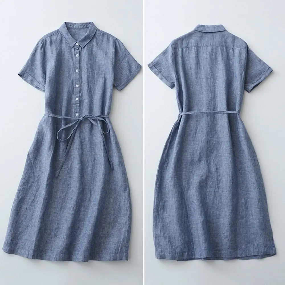 Pleat Detail Dress Summer Daily Dress Elegant Lace-up Strap A-line Midi Dress with Turn-down Collar Big Hem for Summer Dating