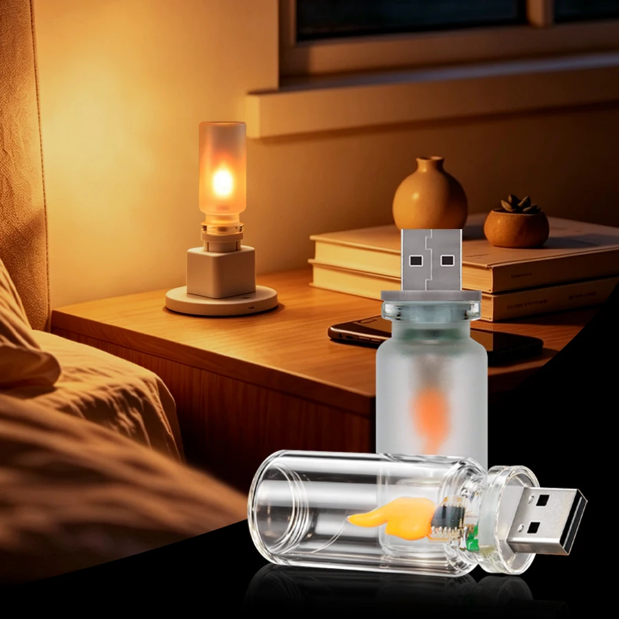 USB Flickering Flame Light Bulb Vintage Fire Effect Lamp Home Decoration Atmosphere LED Candle Night Light Frosted Clear Glass