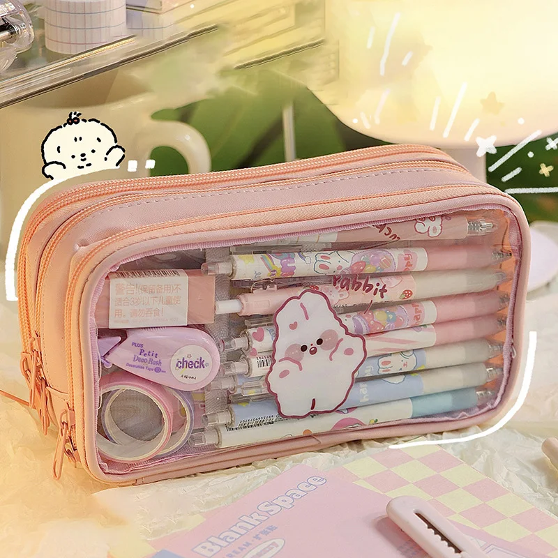 estojo transparente de pvc dos desenhos animados bolsa kawaii de grande capacidade papelaria coreana para escola e escritorios estudante bonito 01