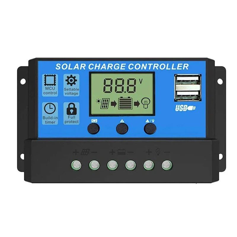 Solar Charge Controller 12V24V 30A/20A/10A Auto LCD Dual USB 5V Output Photovoltaic Solar Panel PV Regulator Load Discharger