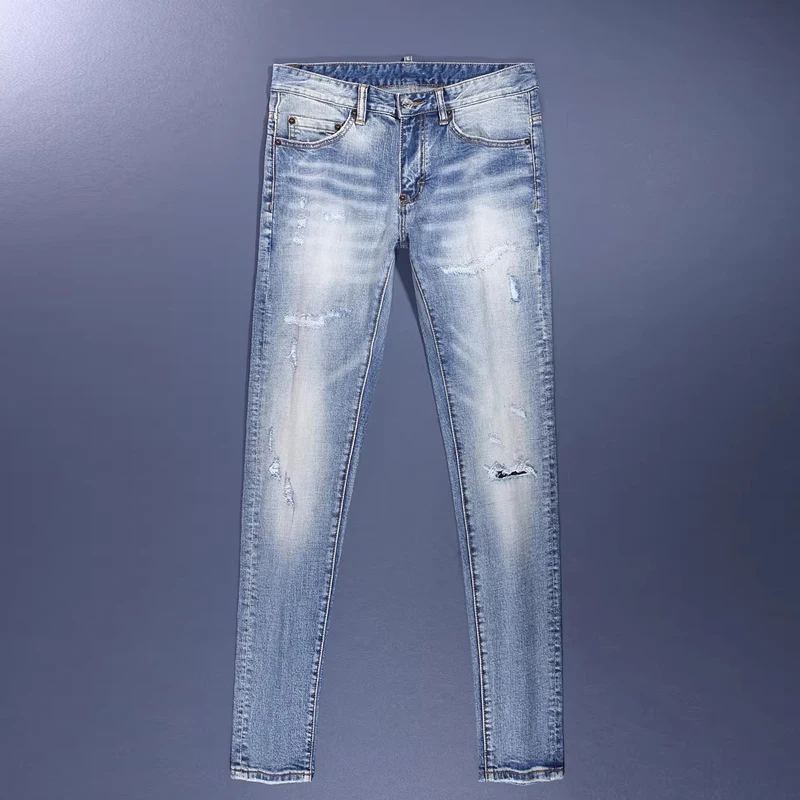 

Мужские джинсы Y2K Street Designer Fashion: ретро, светло-голубые, стрейч, слим-фит, рваные, брендовые, винтажные, повседневные, джинсовые брюки