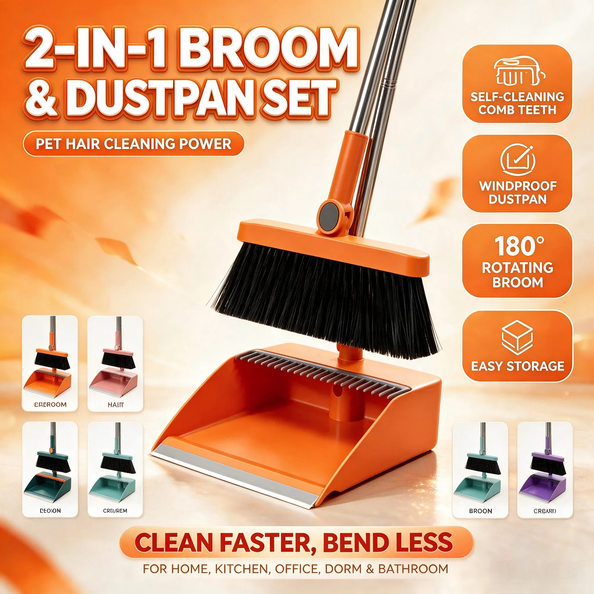 2-In-1 Foldable Broom And Dustpan Combo Set , Long Stainless Steel Handle Self-Cleaning Comb Teeth Floor Sweeping Kit, Windproof Dustpan For Pet Hair Quick Dust Removal, Household Cleaning Supplies For Home Dorm Office Bathroom Kitchen