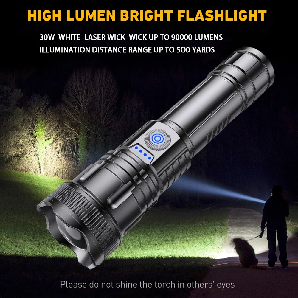 High Power Led Flashlight Rechargeable Torch Zoom Long Range Xenon Lamp Portable Usb Hand Lantern For Camping, Outdoor，Emergency