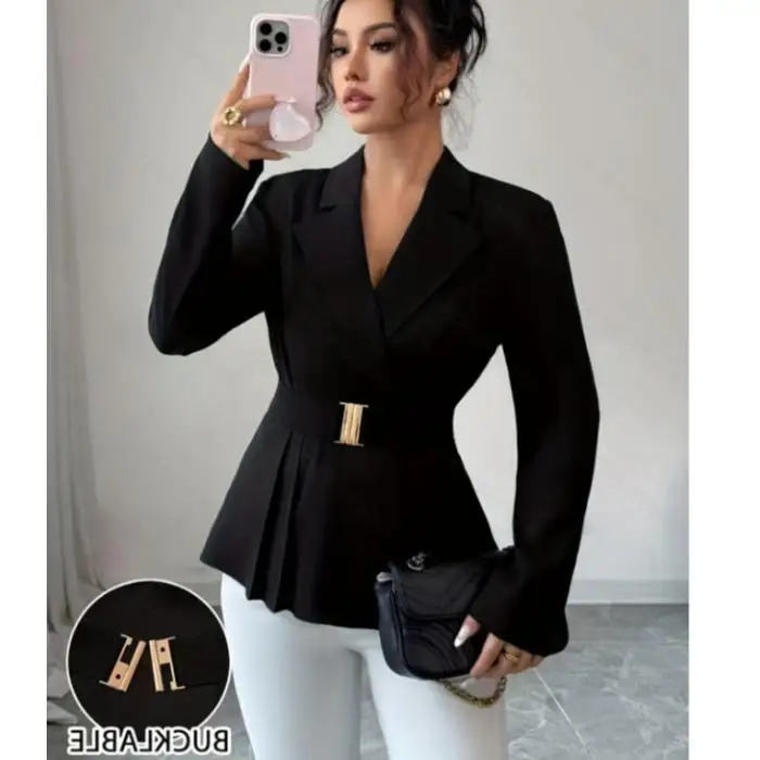 

Spring New Faion Commute OL Bla Waist-Cinching Suit Jaet with Belt for Job Interview And Work Matching Polyester Fiber