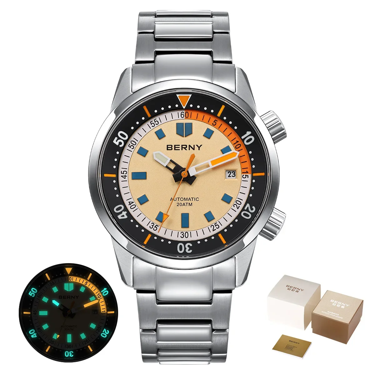 BERNY Herren-Taucheruhren, 200 m wasserdicht, superleuchtend, automatische mechanische Taucheruhr, 42 mm, Saphir-Schwimm-Tauch-Armbanduhr 4