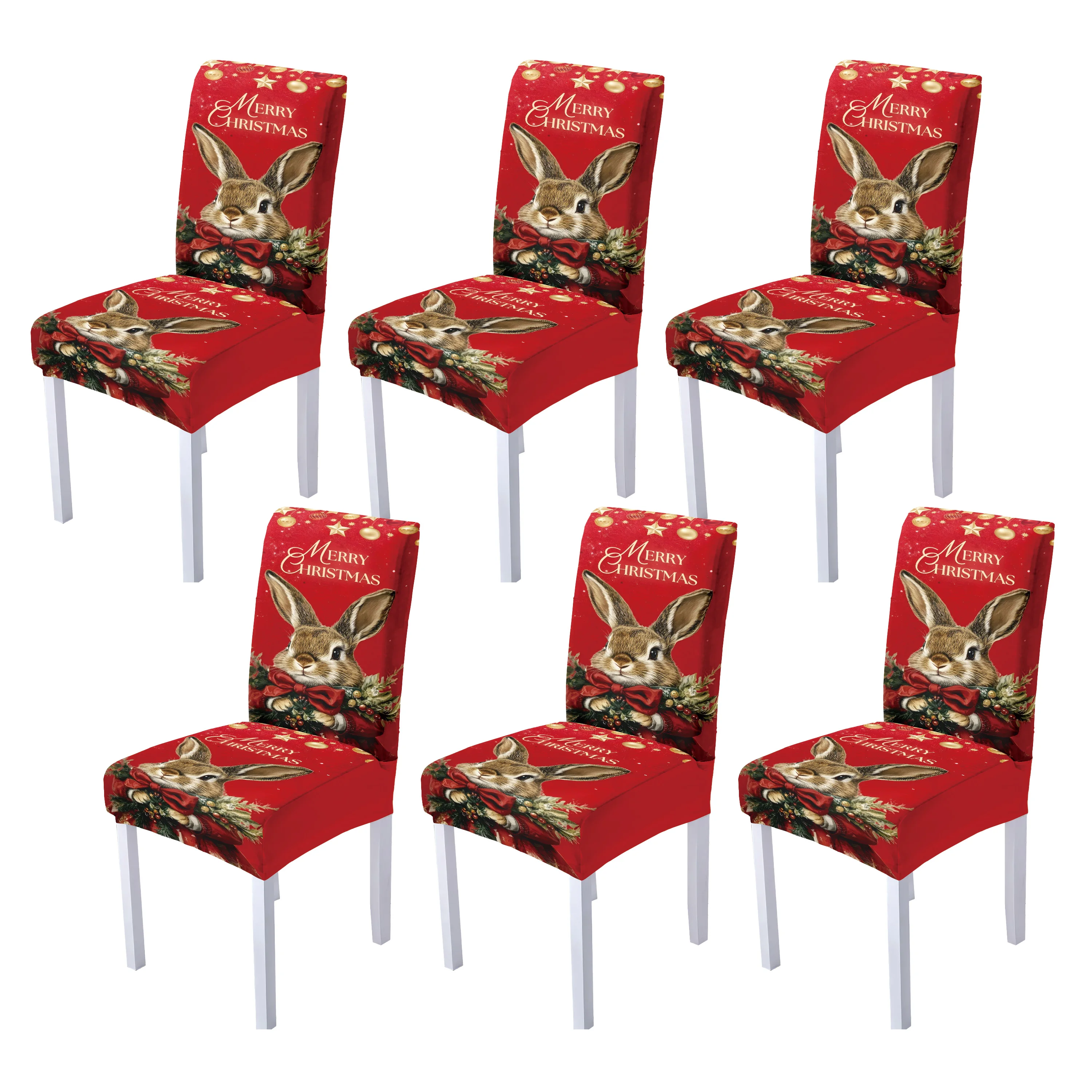 

4/6pcs Christmas-themed home chair covers with bunny and Merry Christmas print, stretch spandex, washable home decor.