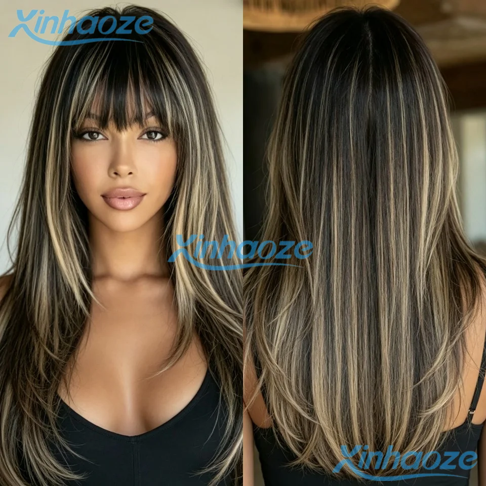 Pre Plucked #1b/27 Highlight 5x5 Silk Top Wigs Fringe Human Hair Black Blonde Straight Glueless 13x6/13x4 Lace Front Wigs