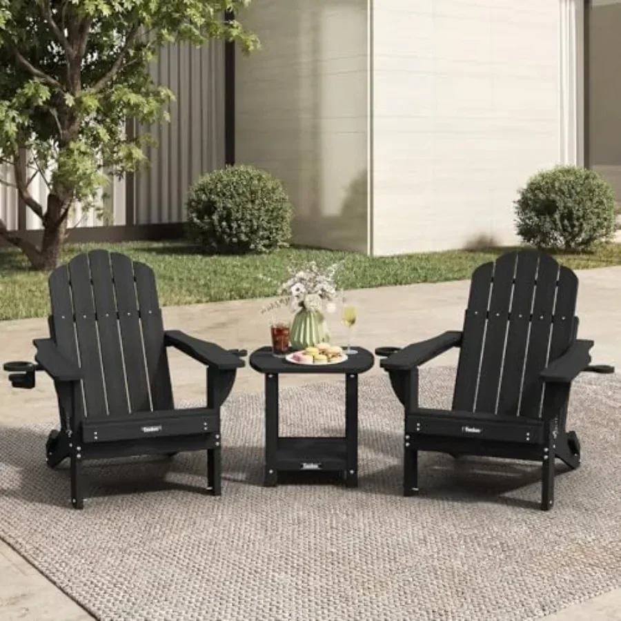 Folding Adirondack Chair 3-Piece Set for Outdoor Use, HDPE Material with Wood Grain Finish, Gray Color, Heavy-duty 380lb Capaci
