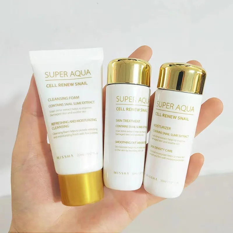 MISSHA Super Aqua Cell Renew Snail Trial Kit (Cleasing Foam 20ml Skin Treatment 30ml Essence 30ml) Face Care Korean