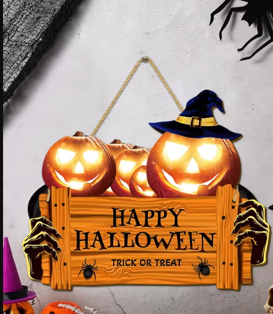 

Happy Halloween Wooden Sign, Pumpkin With Hat Sign, Suitable For Home, Wall, Room,Cafe, Shop, Party, Holiday Decoration Toy
