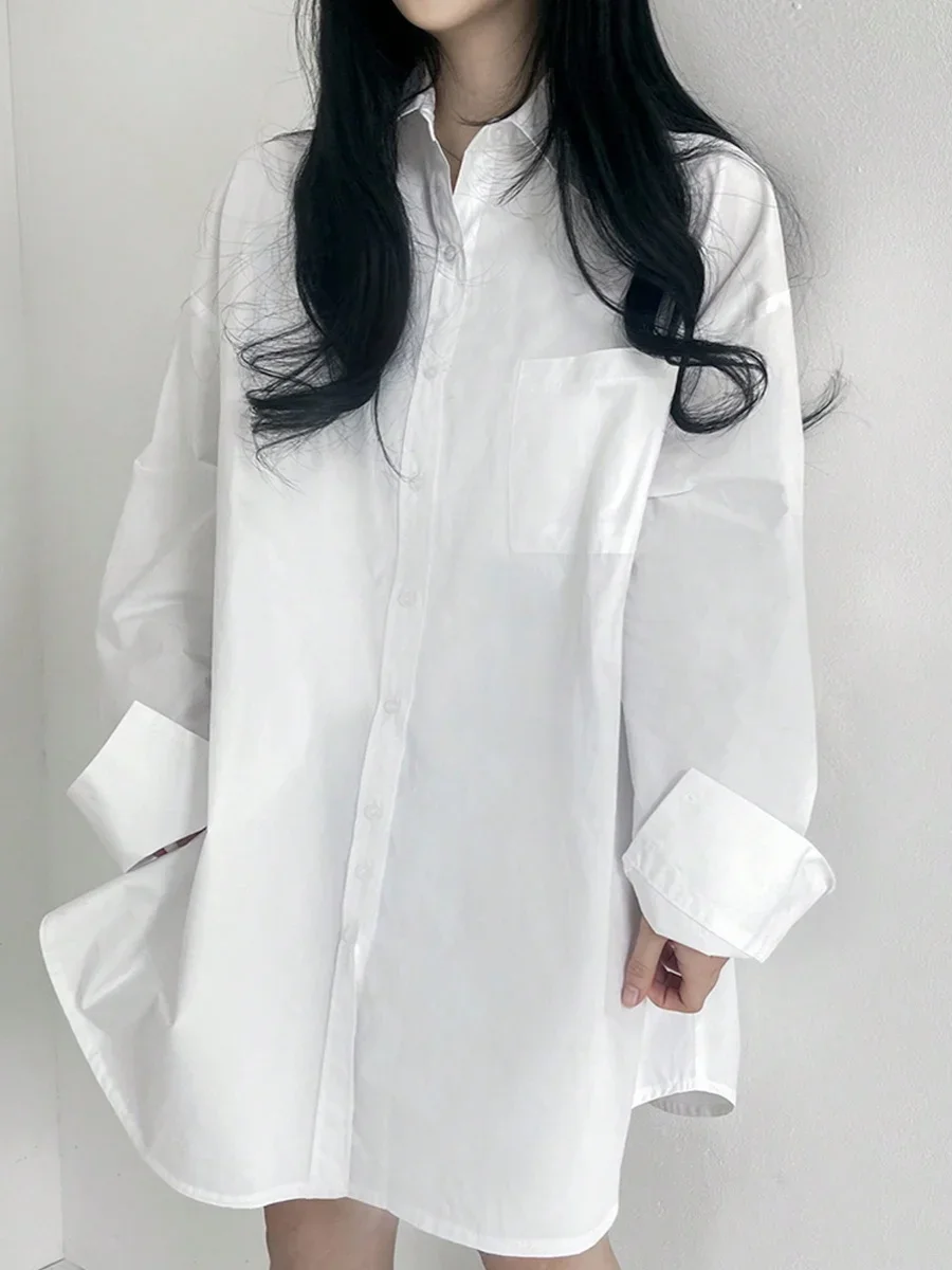 Koreański Sle Chic Polo Neck otwarty kardigan Top luźna, długa rękaw ochrona przed słońcem biała koszula moda damska dojazdy XT652