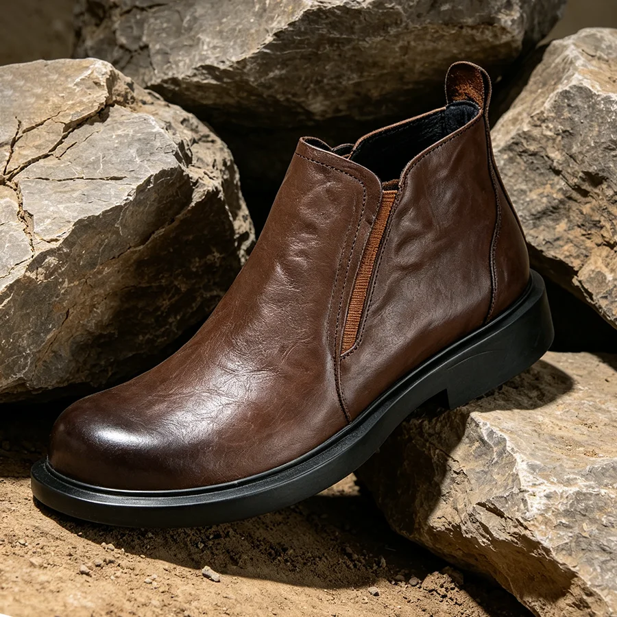 LIHUAMAO Cow Leather Work boots motorcycle boots western boots casual Men Shoes outdoor footwear big toe shoes chelsea boots