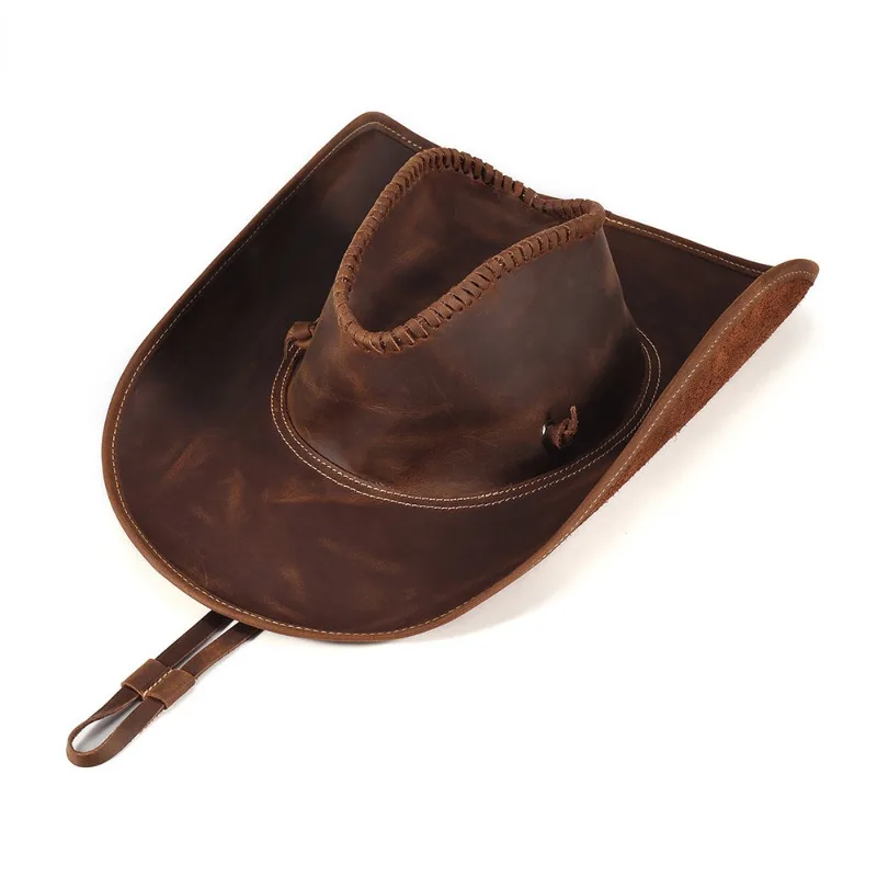 Men Brown Genuine Leather Cowboy Hat