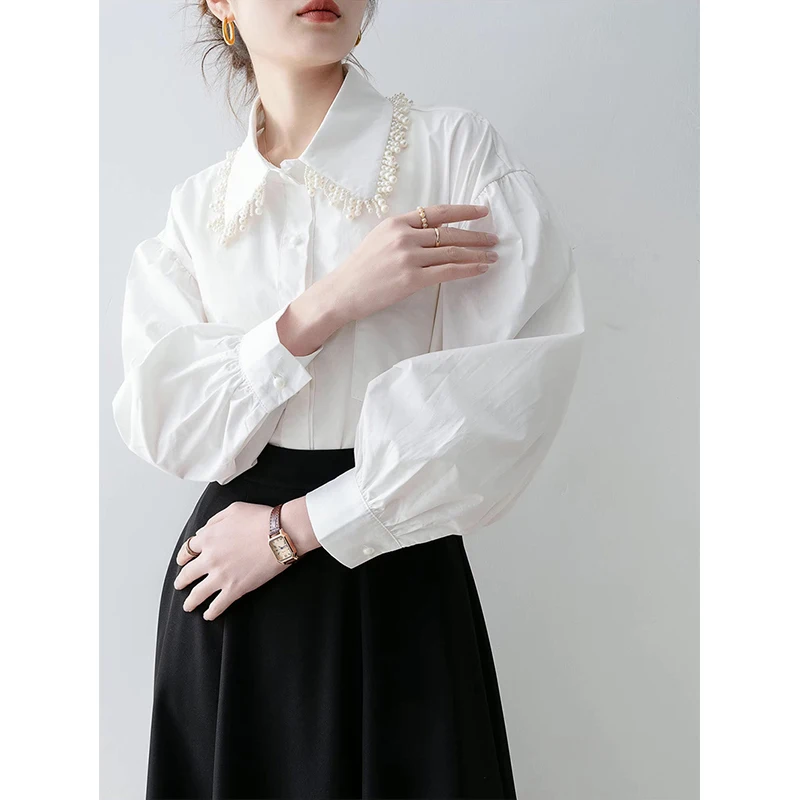 MEXZT Elegant เสื้อสีขาวผู้หญิงแฟชั่นประดับด้วยลูกปัด Patchwork เสื้อสํานักงานสุภาพสตรีเกาหลีแขนยาวออกแบบกระเป๋าเสื้อลําลอง