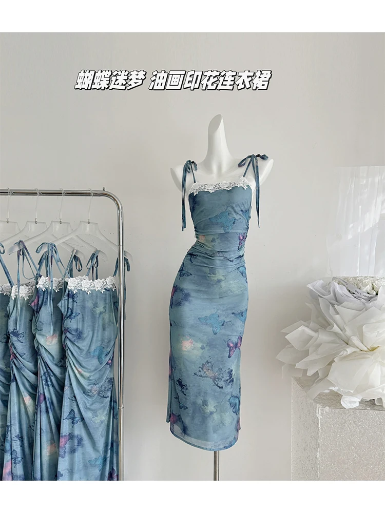 Women Graphic Print Dress Elegant Off Shoulder Sleeveless Long Lace Dress Vintage Y2k One Piece Frocks 2000s Clothes Summer 2024