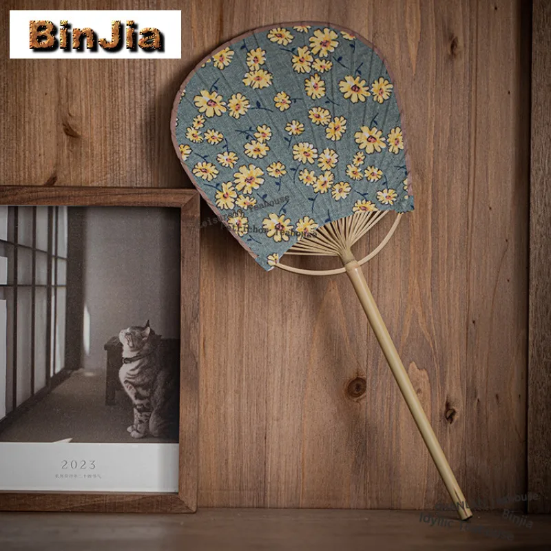 Old Earth Cloth Bamboo Zen Style Round Fan Household Boutique Flower Pattern Fan Ancient Style Palace Fan Tea Decoration Gifts
