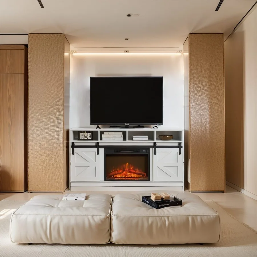 Moderne boerderij tv-mediastandaard grote schuur geïnspireerde home-entertainmentconsole met 23" inbouwhaard voor tv tot 65'' met