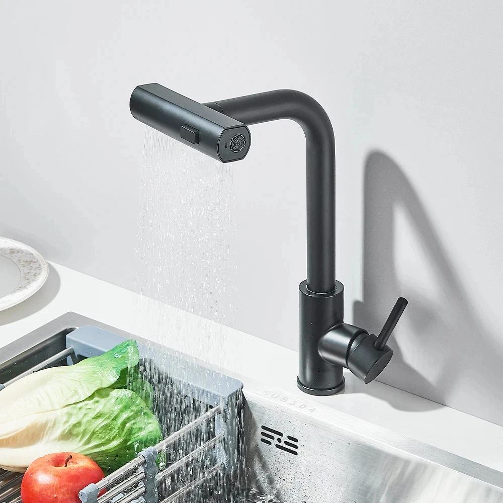 

Black Pull Out Kitchen Faucet, Flexible Hot and Cold Water Kitchen Sink Mixer Faucet Deck Mounted with Stream Shower Mode