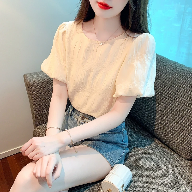 Summer New Sweet Women's Blusa Casual Loose Short Sleeve Blouse Puff Sleeve O-Neck Pullover Folds Shirt Top