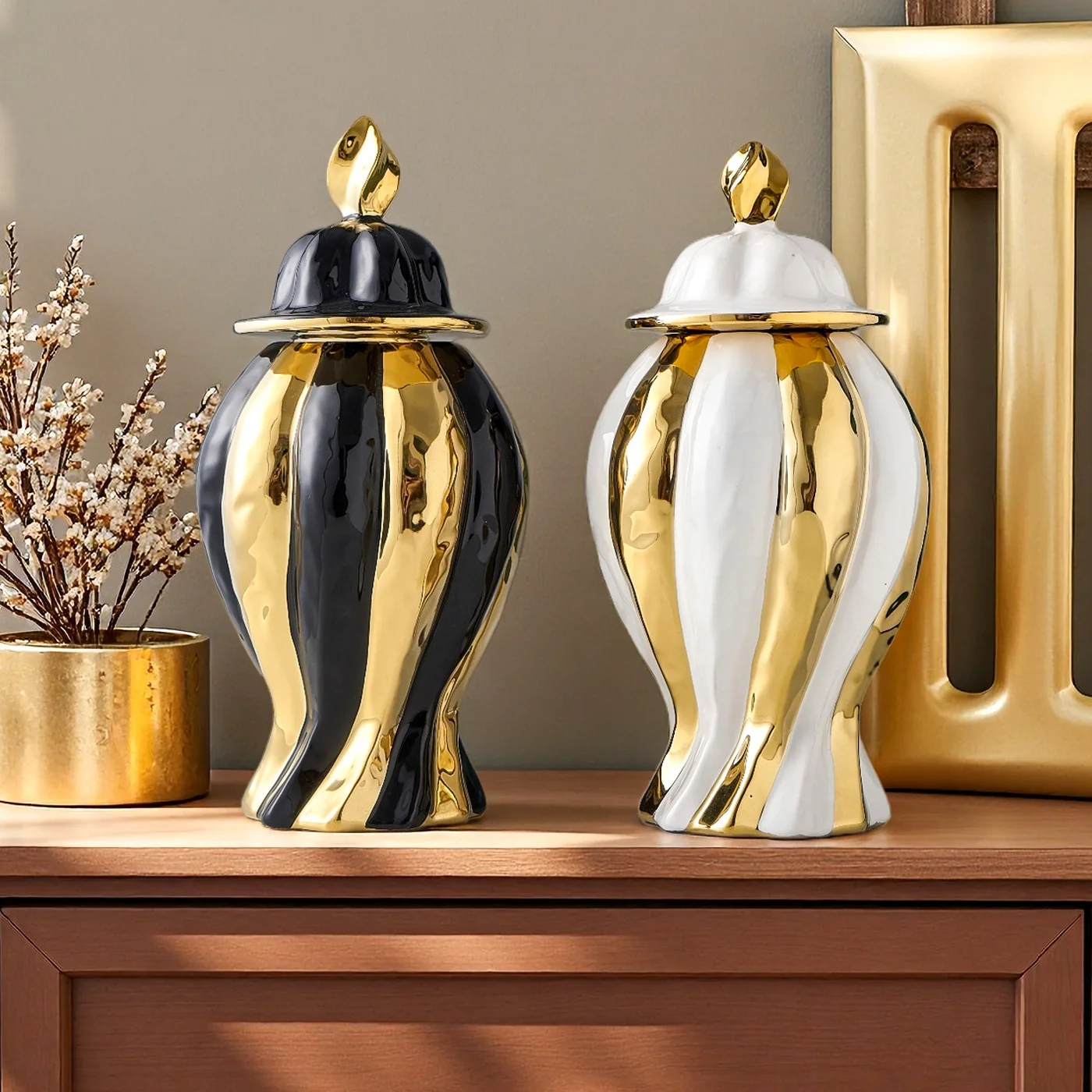 Platinum Striped Ginger Jar Flower Vase General's Jar Handmade Porcelain Flower Pot Retro Storage Tank Vases Home Decoration