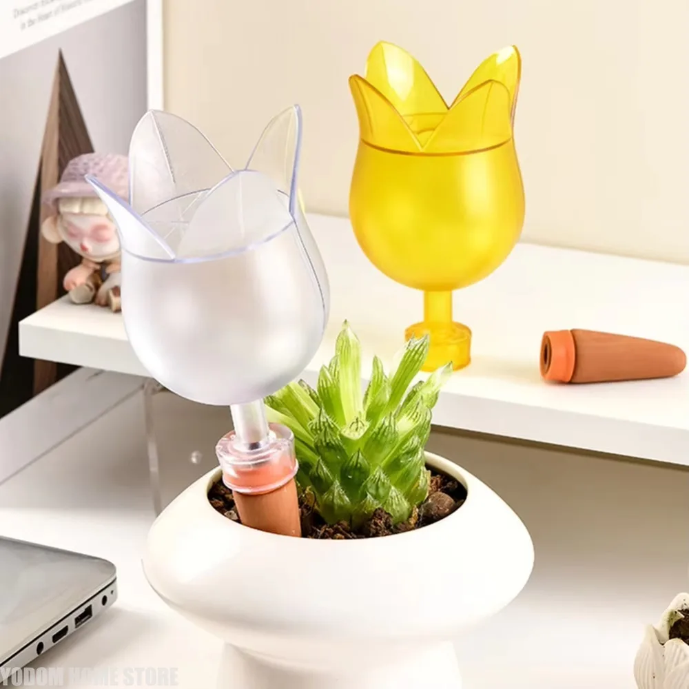 1Pc Automatic Watering Spikes For Plants Tulip Shape Self Watering Globes With Terracotta Stakes 180ml Transparent Dripper