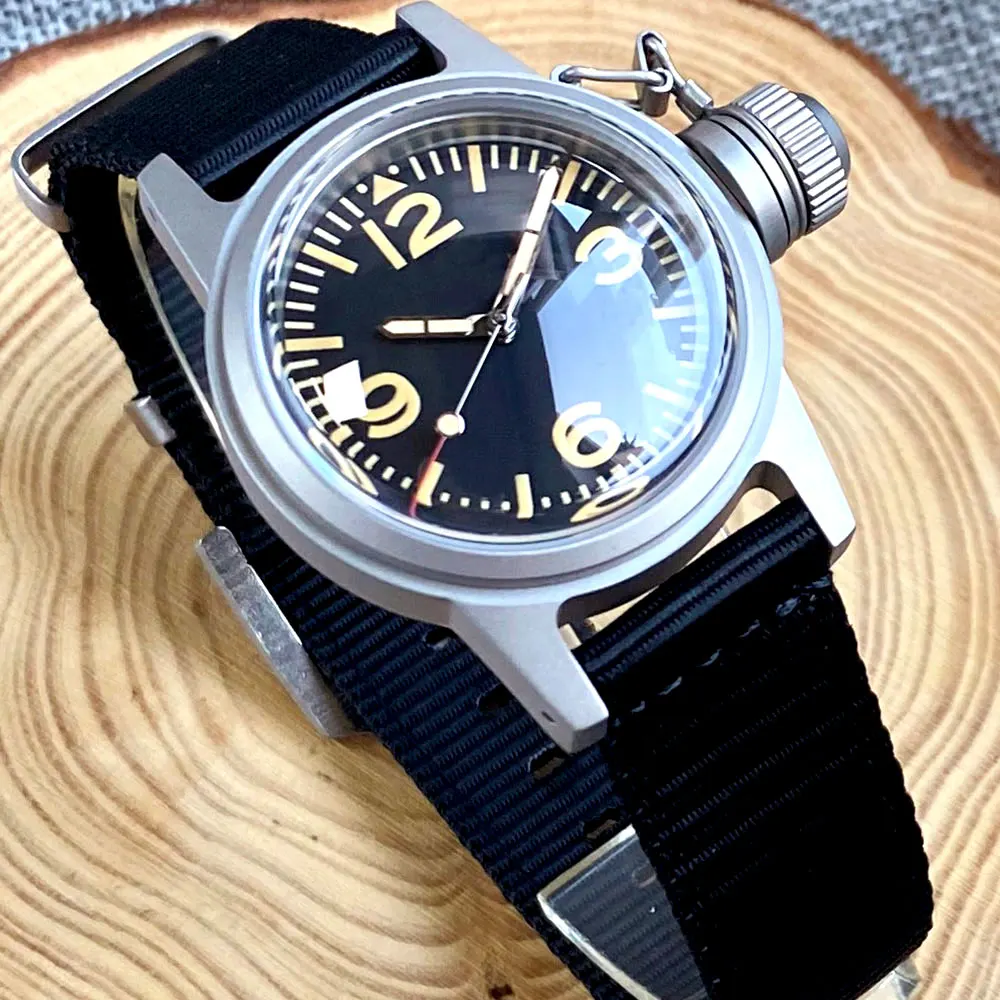 Tandorio NH35 Frog Watch Mechanical Wristwatch Men Big Crown AR Domed Sapphire Glass Vintage  Yellow Markers Dial Sandblast Case