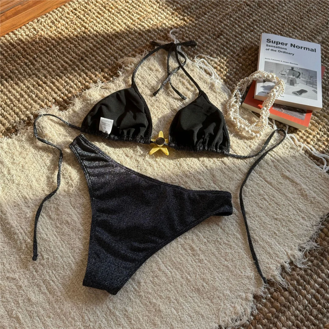 Glitzernder, funkelnder, halterneckiger brasilianischer Bikini, Damen-Badeanzug, zweiteiliger Bikini-Set, Badebekleidung, Badeanzug, Schwimmanzug V6350 – Detail 16