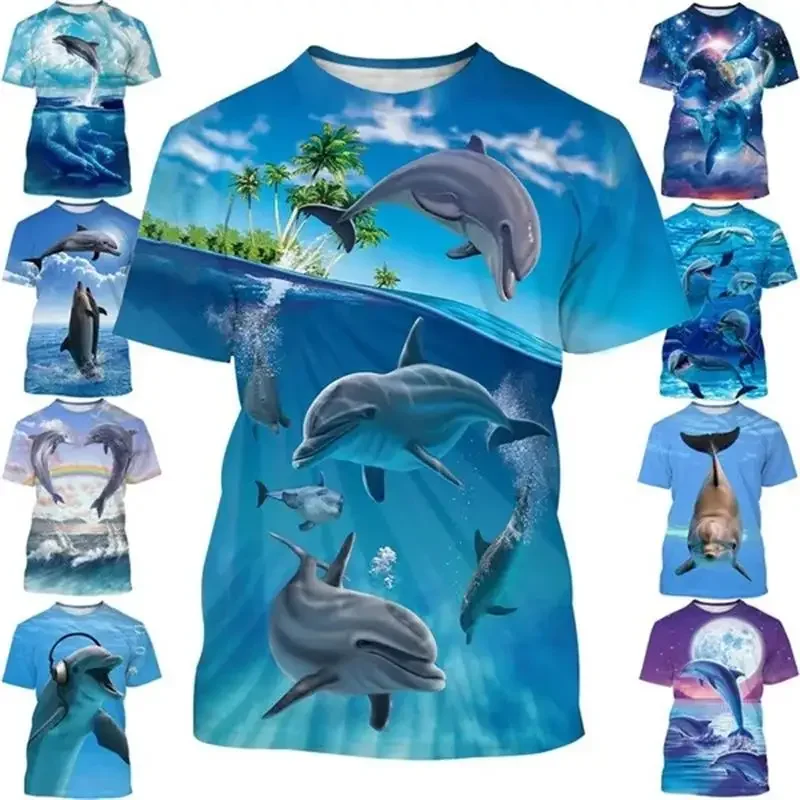 Summer New Fashion Smile Dolphin T-shirt Men's Casual 3D Funny Dolphin Print Short Sleeve T-shirt Cute Women's Kawaii Children's