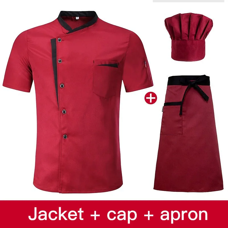 Ensemble de veste de chef à manches courtes, uniforme de travail de cuisine d'hôtel, chemise de cuisine de restaurant, chapeau, tablier