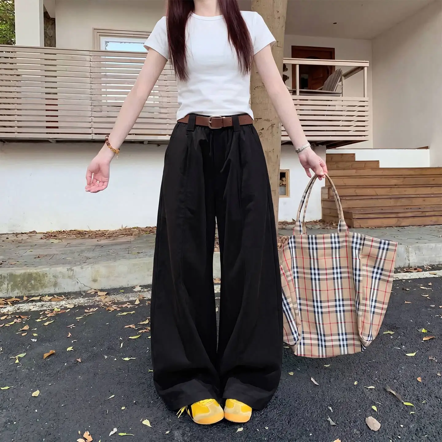 黒ワイドレッグパンツ女性の夏薄いハイウエストルーズ小さいサイズ作業服スポーツカジュアルズボン長ズボン