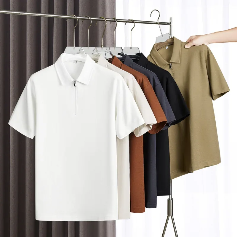 Pop 220g Men's Turn-down Collar Short Sleeve T-shirts Casual Trendy Solid Color Zipper Japanese New Fashion Loose T-shirts Male